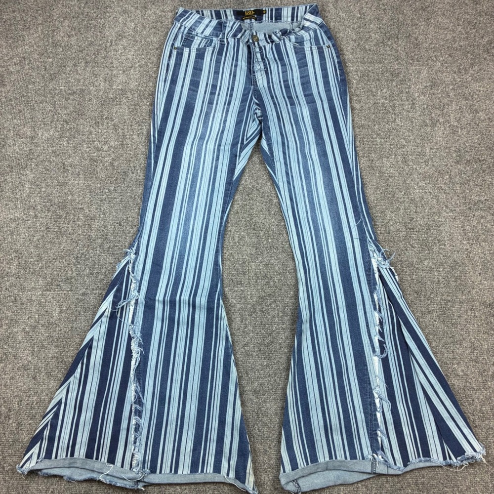 L&B Lucky & Blessed Striped Mid Rise Flare Bell Bottom Jeans Blue Womens Size 6